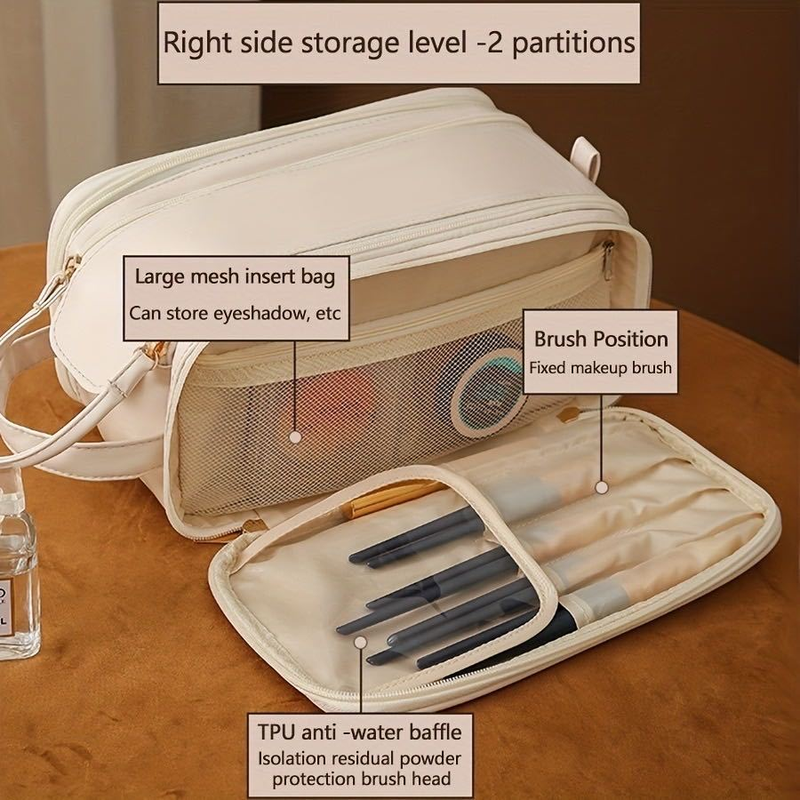 Bolsa Cosmética De Grande Capacidade Com Abertura Em Forma De U Para Mulheres Portátil Viagem Multi-Compartment Couro