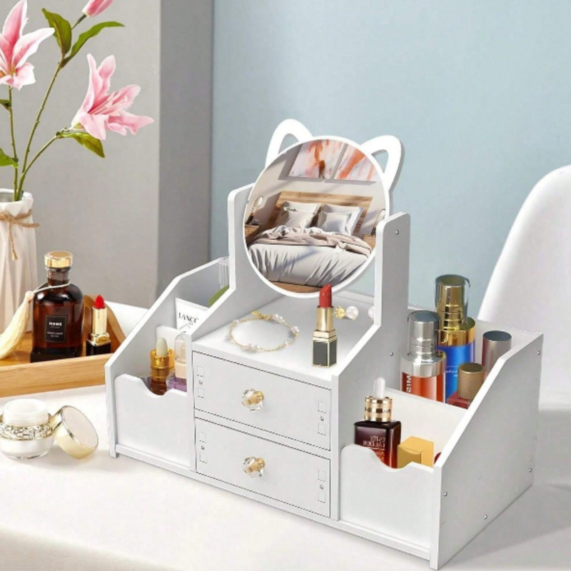 Porta Maquiagem Organizador de Cosméticos com Espelho e 2 Gavetas Estilo Moderno